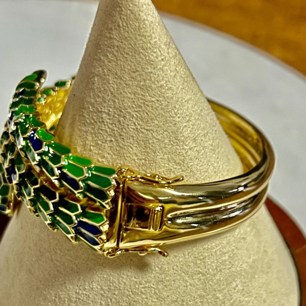 Rachel Glauber 14K Gold Plated W/ Green/Blue Cubic Zirconia 3D Serpent Bracelet - Picture 9 of 16